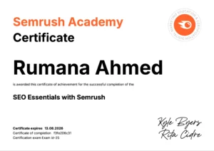 SEO Essentials with Semrush Certificate For Rumana Ahmed -Best freelance digital marketing expert in Dubai