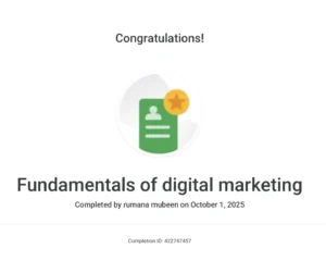 Fundamentals of digital marketing Certification For Rumana Ahmed -best freelance digital marketing expert in Dubai