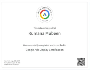 Google Ads Display Certification For Rumana Ahmed -top digital marketing expert in Dubai