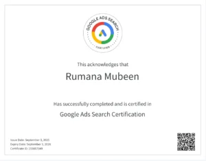 Google Ads Search Certification For Rumana Ahmed -top freelance digital marketing expert in Dubai
