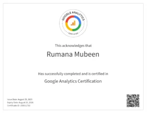 Google analytics Certification For Rumana Ahmed -Best freelance digital marketing expert in Dubai