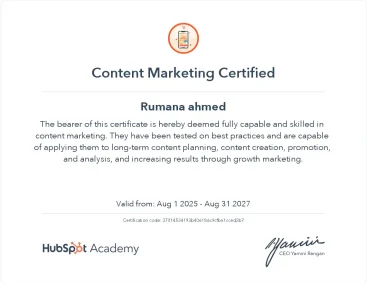 Content Marketing Certificate For Rumana Ahmed -digital marketing expert in Dubai