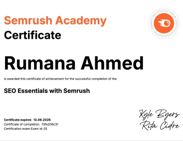 SEO Essentials with Semrush Certificate For Rumana Ahmed -digital marketing expert in Dubai